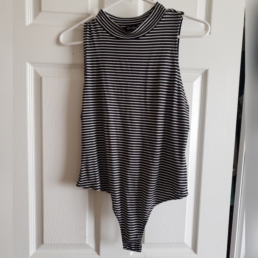 Stretchy Striped High Neck Thong Bodysuit L
